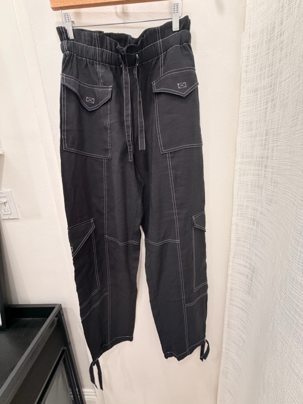 Ganni Black Cargo Pants with White Contrast Stitching